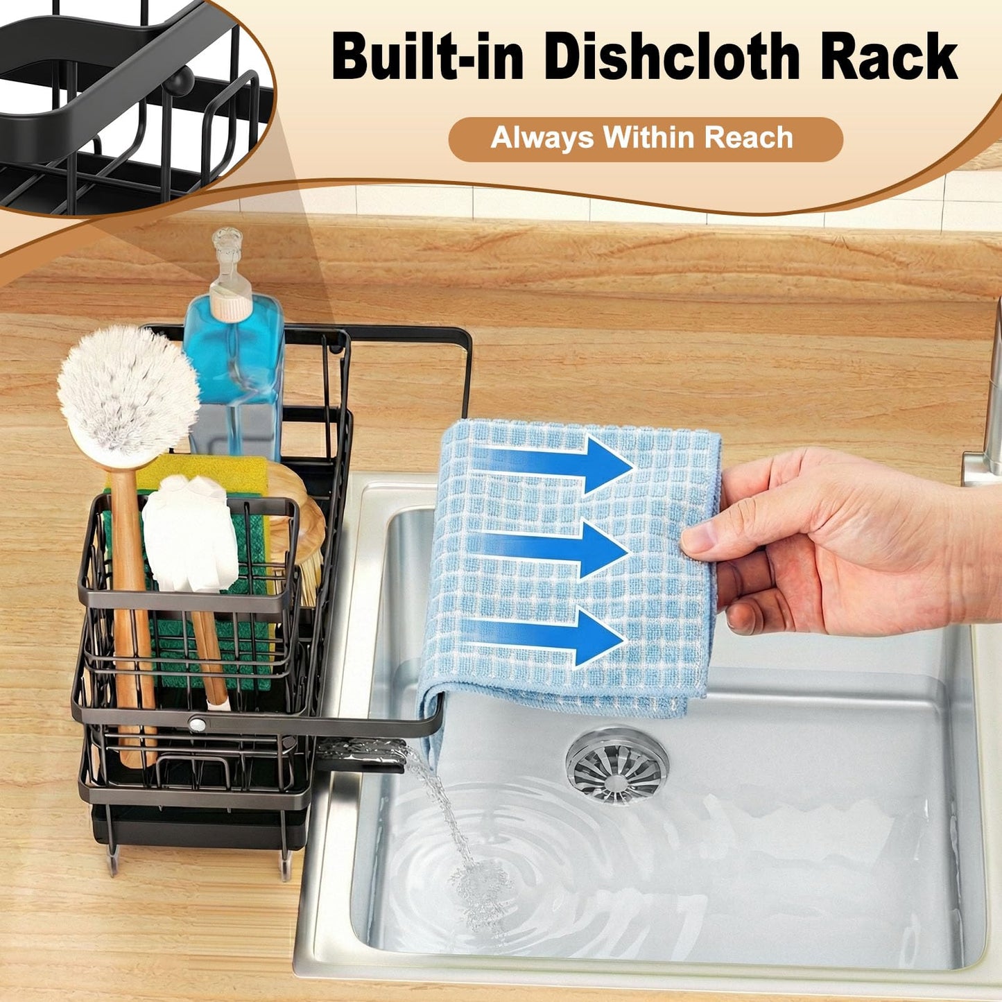 GUUKAR Sponge Holder for Kitchen Sink, Self-draining Sink Organizer with Towel Rack and Brush Holder, Metal Kitchen Sink Organizer for Countertop, Black