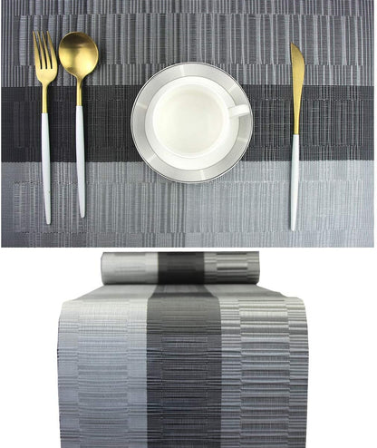 PIGCHCY Elegant Placemats with Matching Table Runner,Washable Vinyl Woven Table Mats Sets(6pcs Placemats+1pcs Table Runner, Black)