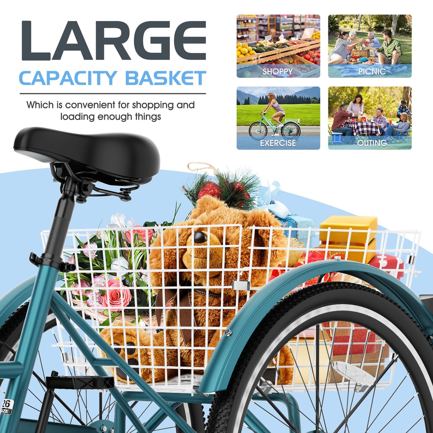 Slsy Adult Mountain Tricycle, 7 Speed Three Wheel Bike, 24/26 Inch Adults Trikes for Seniors with Shopping Basket, Exercise Men's Women's Tricycles