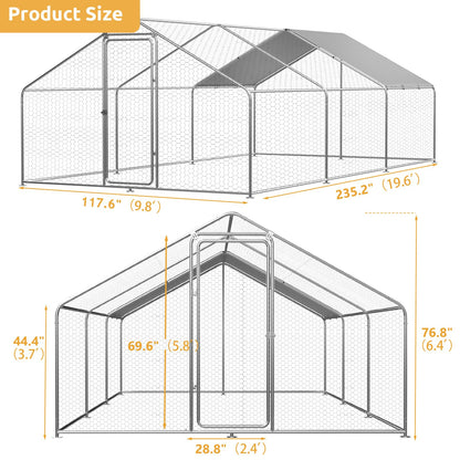 ROOMTEC Chicken Coop Large Metal Chicken Run for 20-30 Chickens,Dog Kennel Outdoor with Waterproof and Anti-UV Cover Lockable Door Design(9.8'Lx19.6'Wx6.4'H)