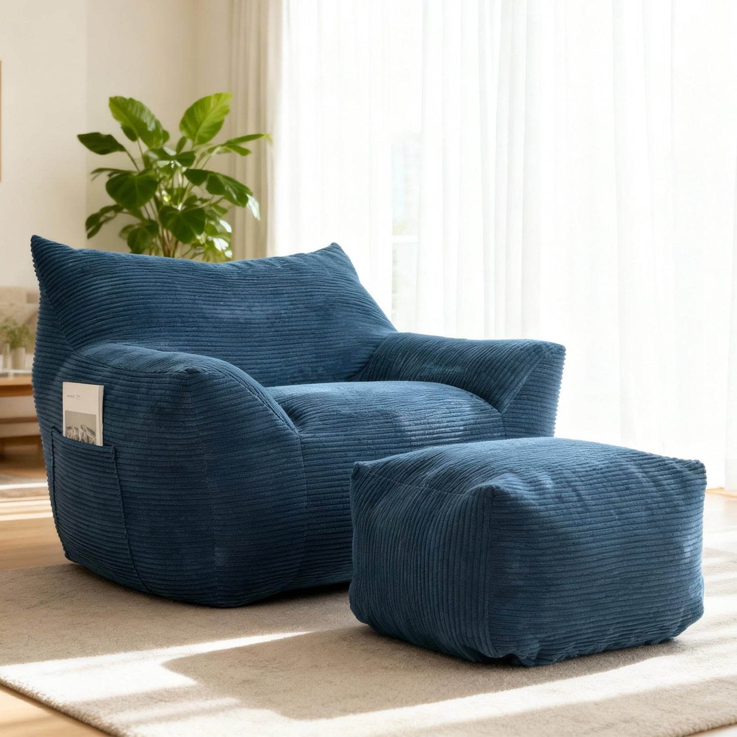 Oversized Bean Bag Chair for Adults, Large Comfy Foam Filled Lounger with Armrests for Living Room, Bedroom & Dorm, 42" W x 43" D x 31" H, Includes Ottoman (Blue)