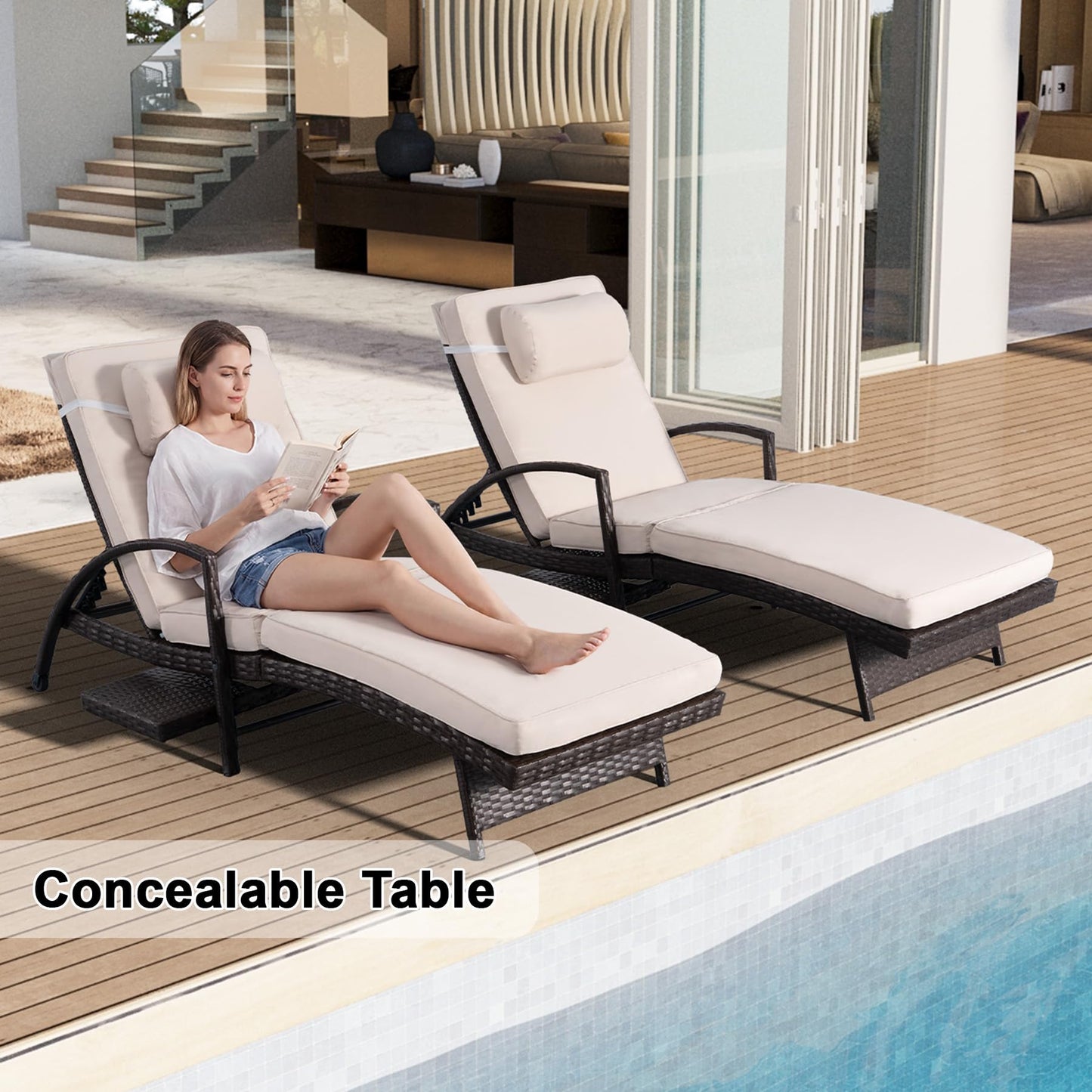 Chaise Lounge Chairs Set of 2, 6-Position Adjustable Outdoor Recliner with Side Table & Wheel,All-Weather PE Rattan Wicker Patio Lounge Chair With Removable Cushion for Poolside Backyard Beach (Beige)