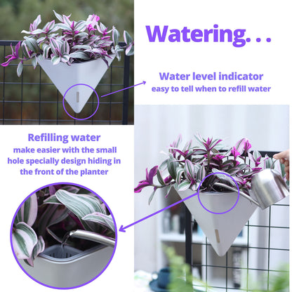 LaLaGreen Bundle - 12" x 2 Pack Black + 12" x 4 Pack White Large Self Watering Geometric Hanging Flower Vase Vessel with Metal Hanger, Modern Stylish Wall Mounted Succulent Pot Holder Decor