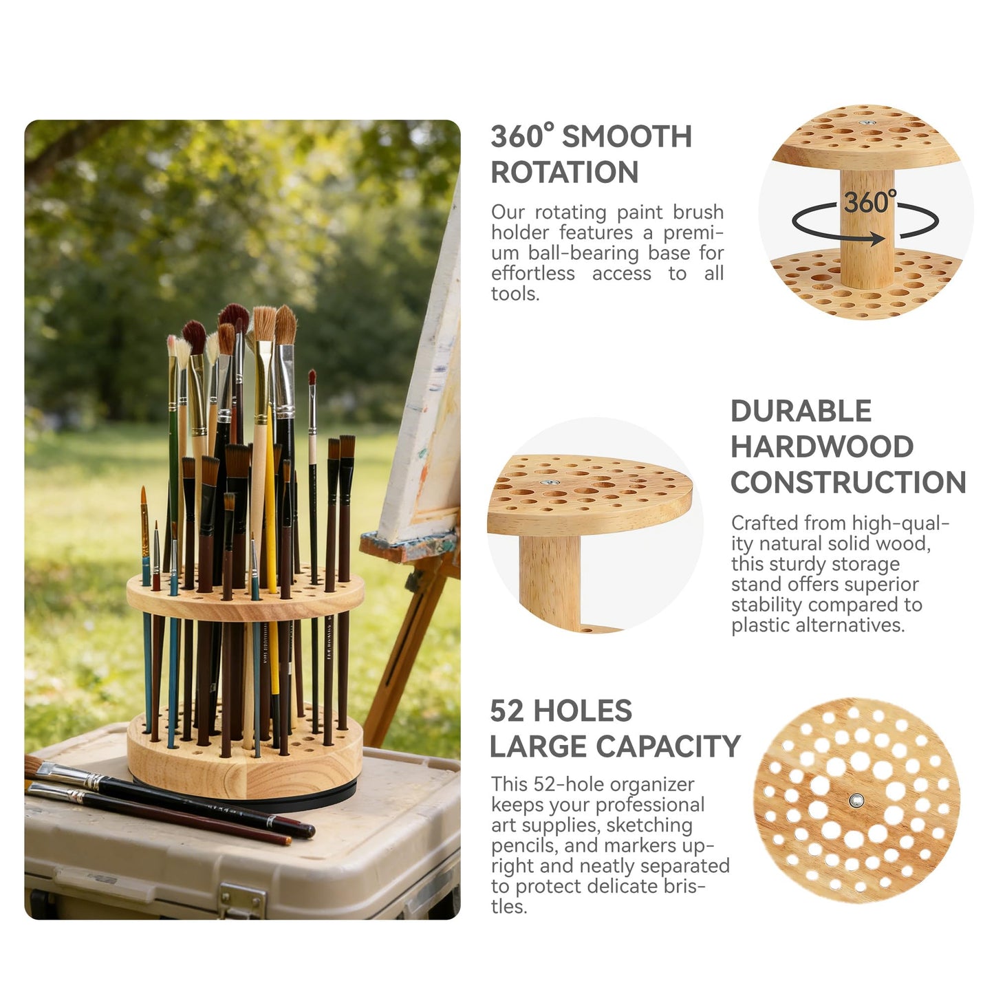 360° Rotating Brush Storage Rack|52-Hole Brush Holder|Hardwood Storage Stand|Space-Saving Brush Organizer|Suitable for Artist Brushes,Craft Tools, Makeup Brushes,Calligraphy Pens