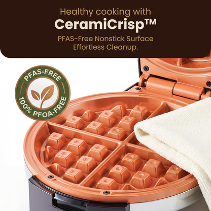 Elite Gourmet Belgian Waffle Maker with PFAS-Free CeramiCrisp™ Ceramic Nonstick Plates, Adjustable Browning Control, 1100W Heating, Power & Ready Indicator Lights, Vertical Storage, Stainless Steel