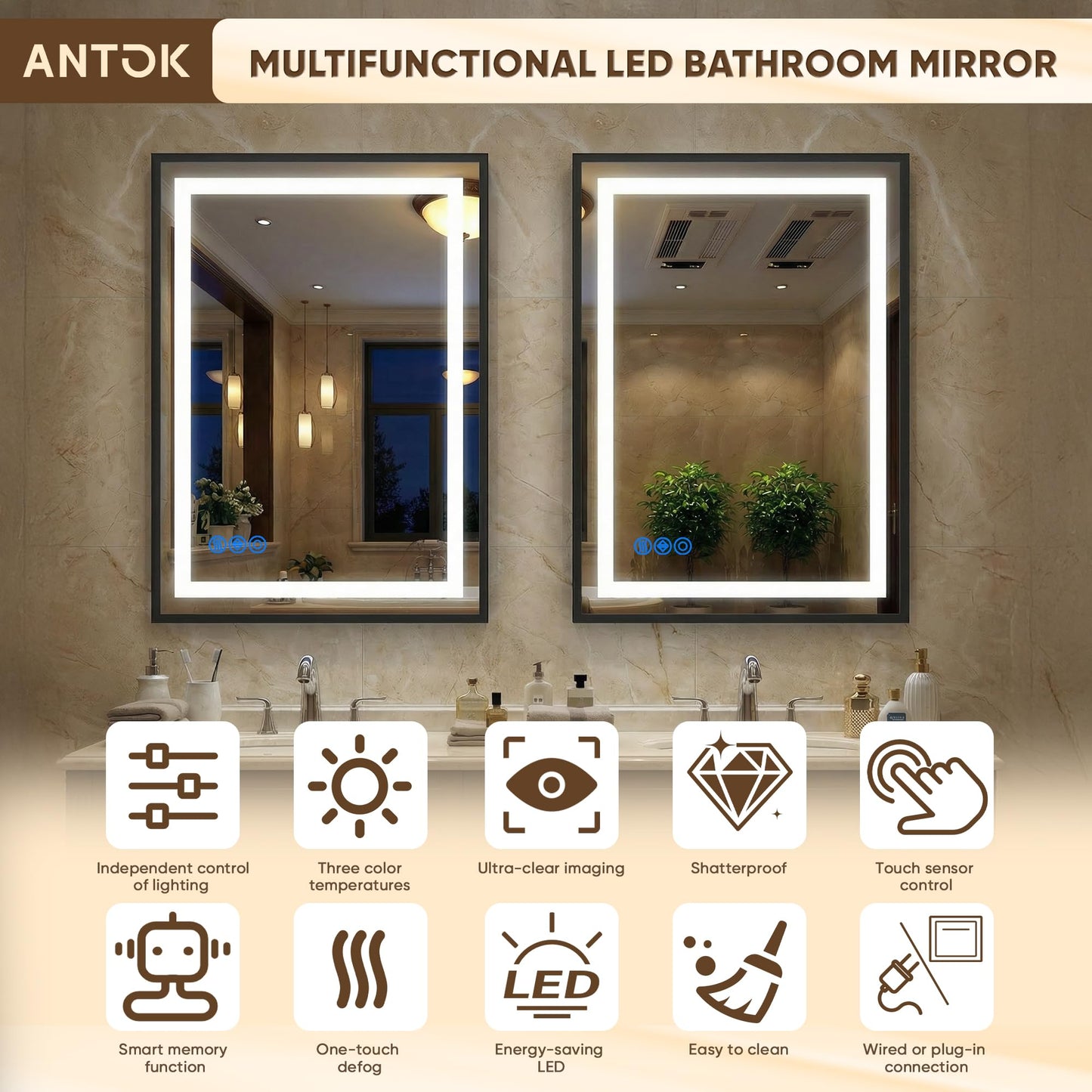 Antok 24X36 LED Bathroom Mirror with Lights, Vanity Mirror for Wall with Black Frame, Touch Control, Anti-Fog, Dimmable Lights, Shatter-Proof, Memory Function, Wall-Mounted Vanity Mirrors