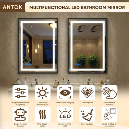 Antok 24X36 LED Bathroom Mirror with Lights, Vanity Mirror for Wall with Black Frame, Touch Control, Anti-Fog, Dimmable Lights, Shatter-Proof, Memory Function, Wall-Mounted Vanity Mirrors
