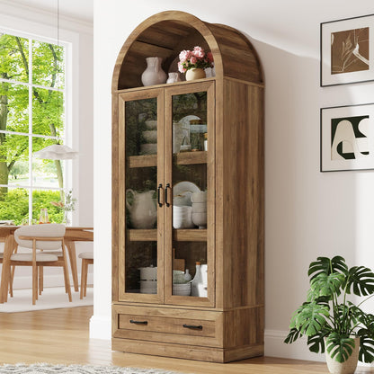 75" Tall Arched Kitchen Pantry Cabinet w Load-Bearing Steel Pipe,Modern Farmhouse Kitchens Storage Cabinet with Drawer and Glass Doors,Tall Arched Bookcase,Pantry Organizer for Living Room(Natural)