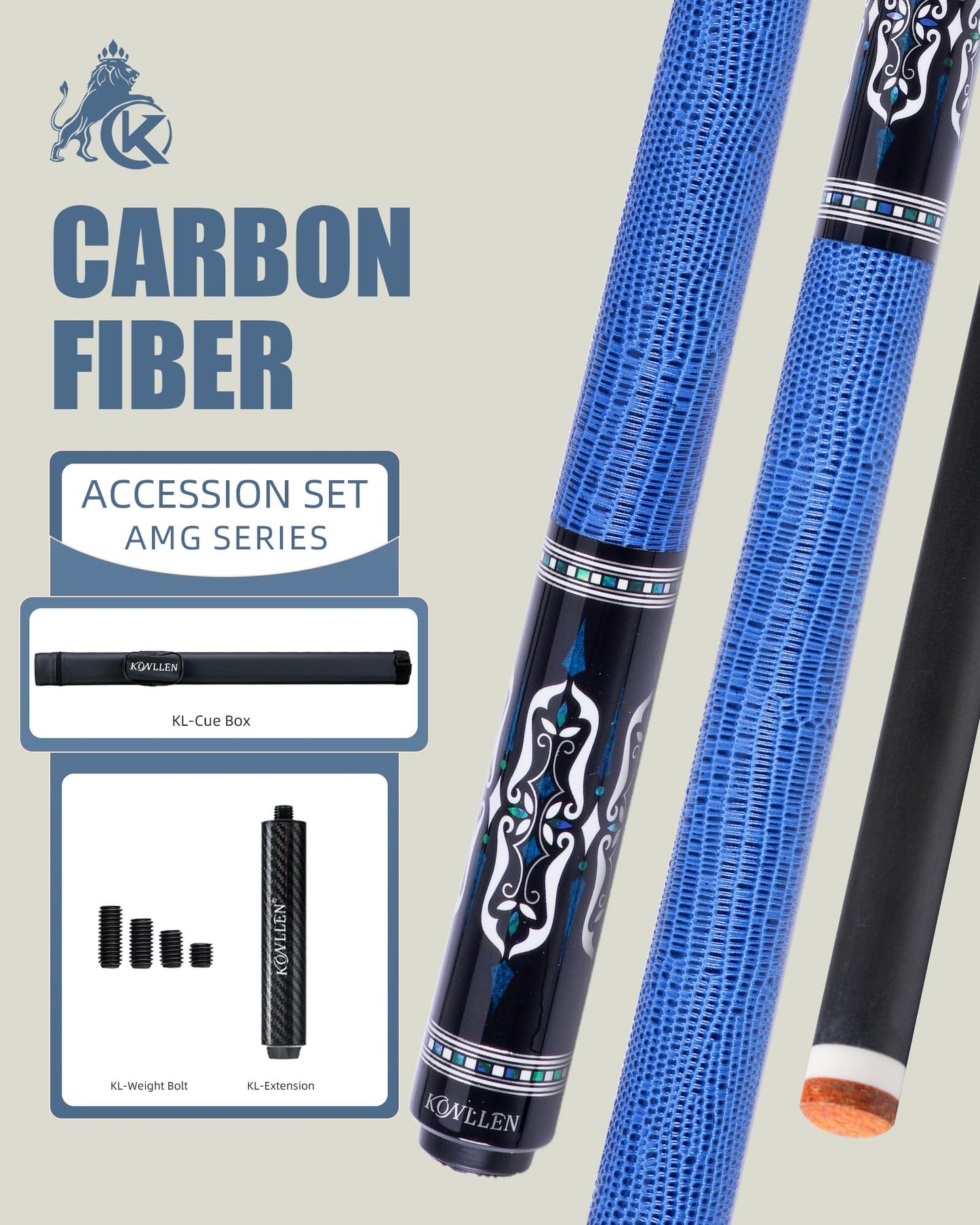 KONLLEN Carbon Fiber Pool Cue Stick Low Deflection Pool Cue Profession Billiards Cue Set for Adults with Billiards Accessories