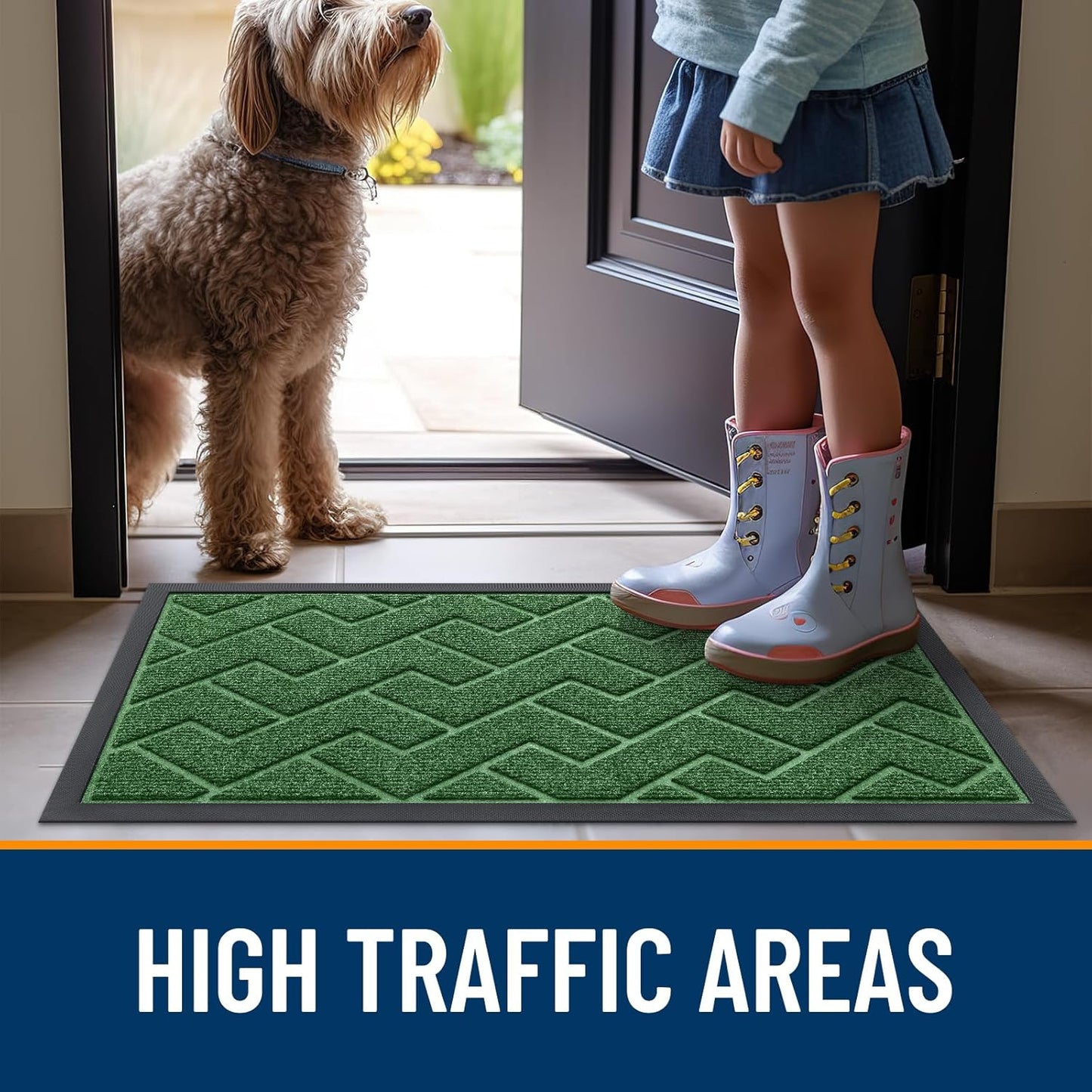 OLANLY Waterproof Front Door Mat - All-Season Indoor/Outdoor Doormat | Sturdy Natural Rubber, Herringbone Brick (Green, 71x23)