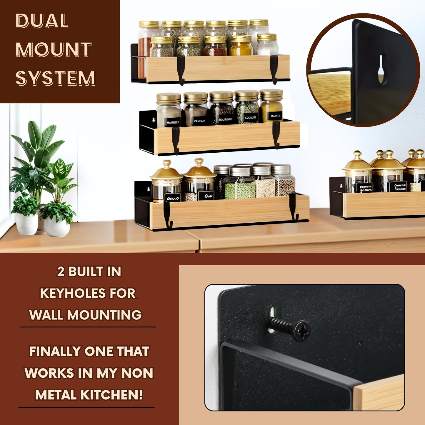 WY Family (4 Pack) Magnetic Spice Storage Rack Organizer for Refrigerator and Oven, 4 Strong Magnetic Shelf, Black Fridge Storage, Spice Rack Organizer, Metal-Bamboo