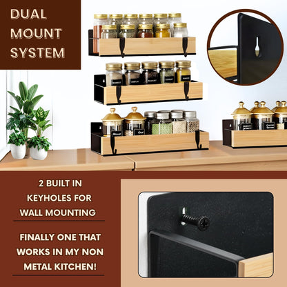 WY Family (4 Pack) Magnetic Spice Storage Rack Organizer for Refrigerator and Oven, 4 Strong Magnetic Shelf, Black Fridge Storage, Spice Rack Organizer, Metal-Bamboo