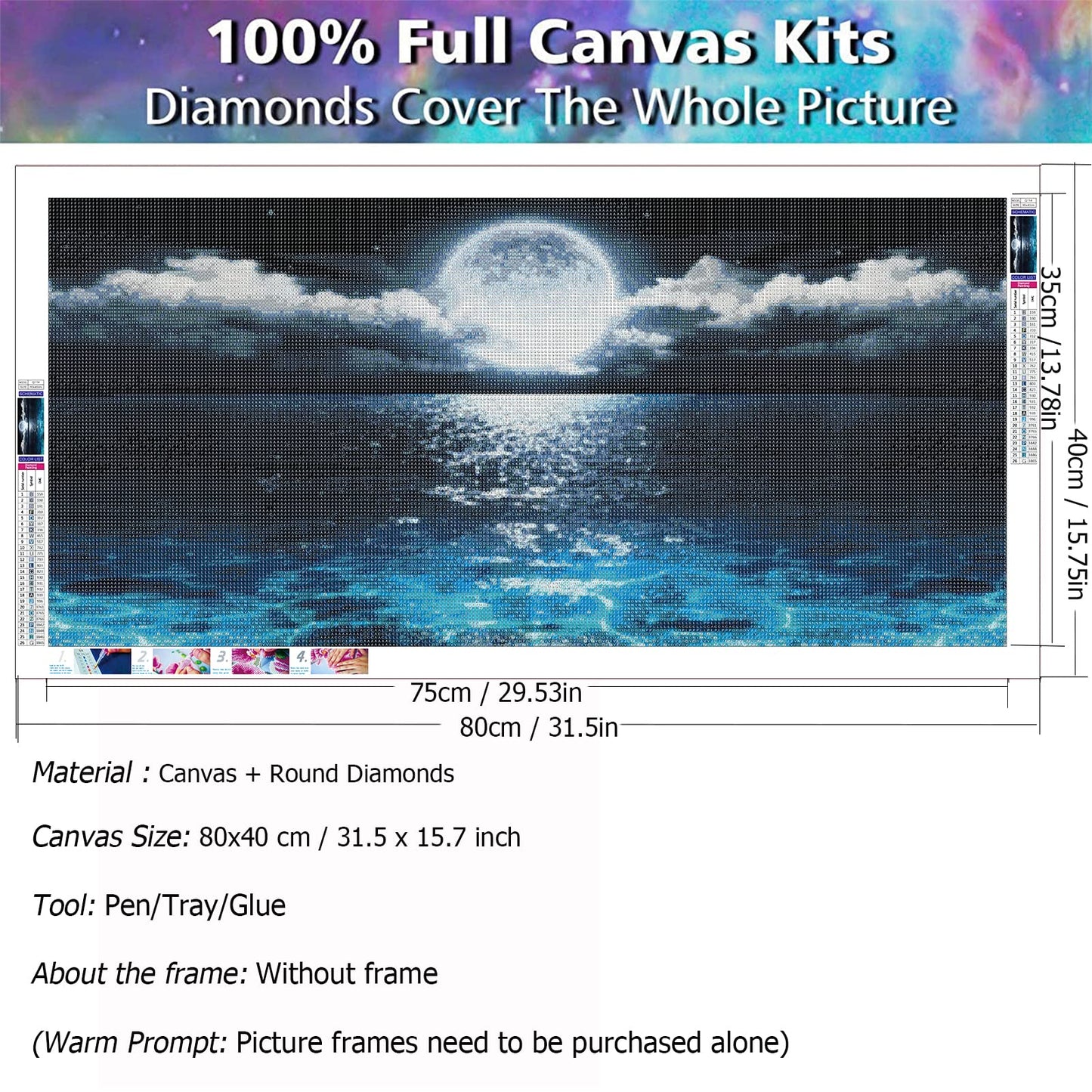JATOK Large Diamond Painting Kits for Adults (31.5 x 15.7 inch) DIY 5D Sea Moon Full Round Drill Crystal Rhinestone Embroidery Pictures Arts Paint by Number Diamond Art Kits for Home Wall Decor