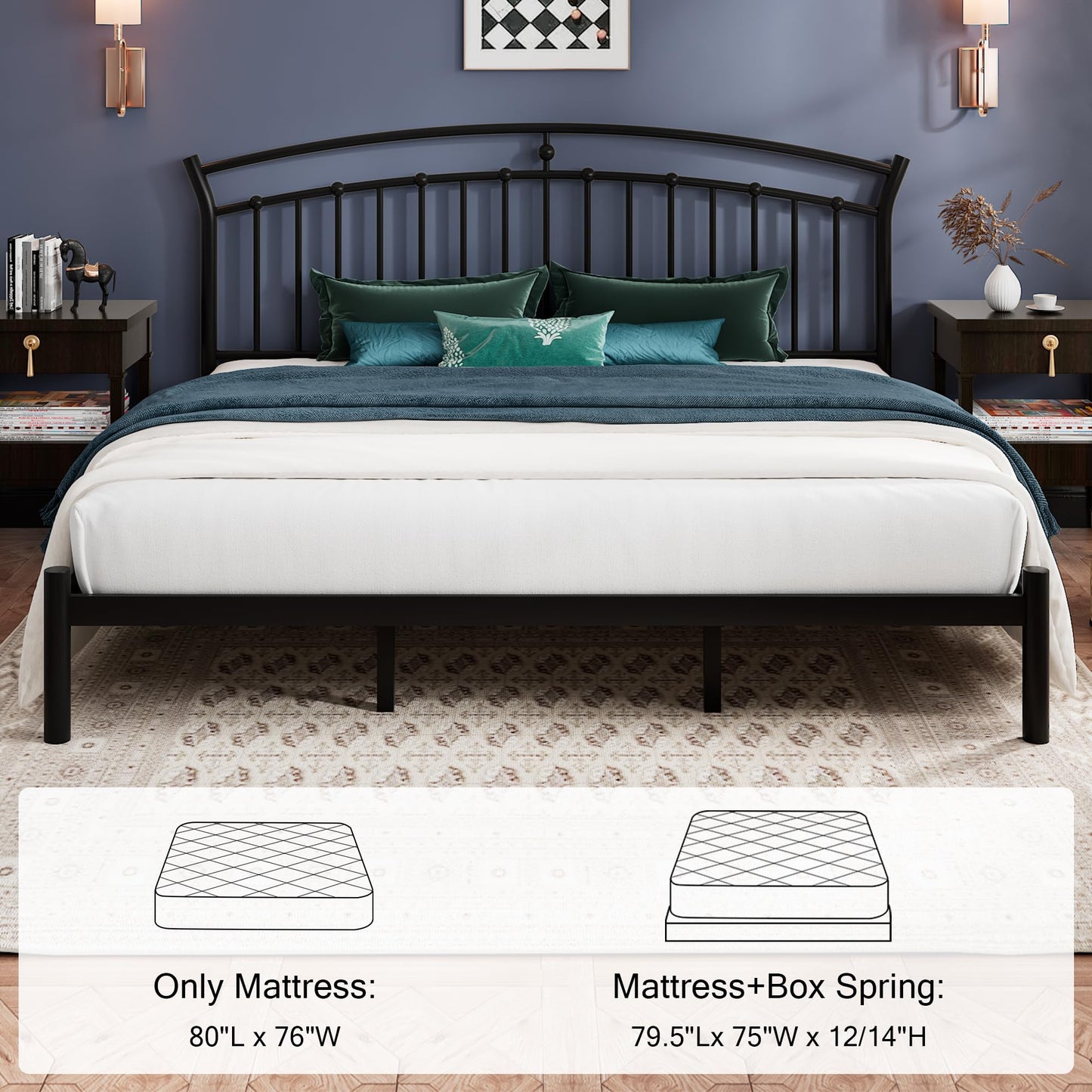 Einhomn King Size Bed Frame, Classic Black Metal Bed Frame with 12" Under-Bed Storage, Heavy Duty Steel Slat Support, Noise-Free, No Box Spring Needed, Easy Assembly