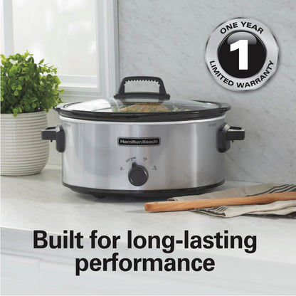 Hamilton Beach 6-Quart Slow Cooker with 3 Cooking Settings, Dishwasher-Safe Stoneware Crock & Glass Lid, Silver (33665G)