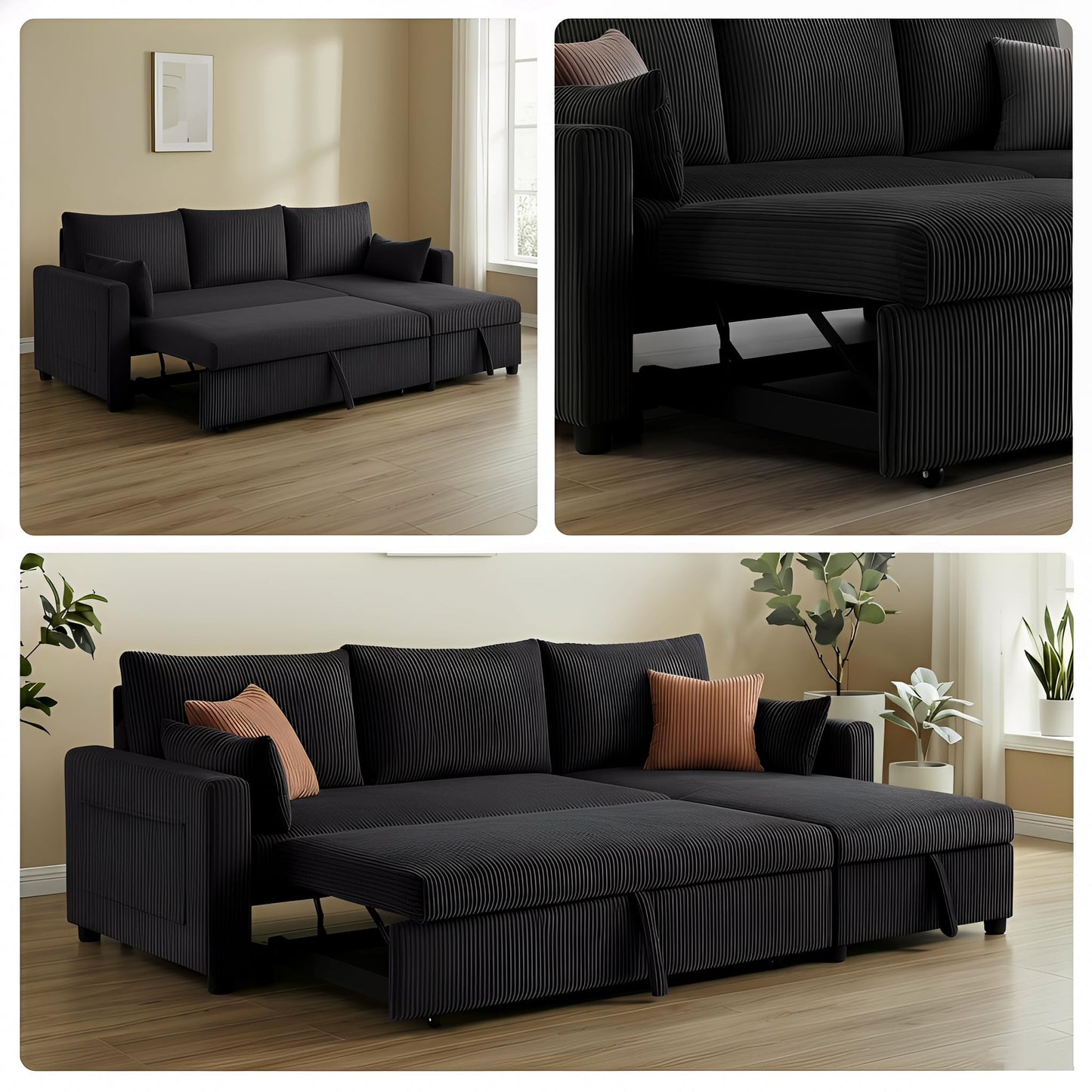 Trygoal Sectional Sleeper Sofa with Pull Out Bed, L Shape Convertible Sofa Bed Couch with Storage Chaise, 3 in 1 Pull Out Sofa Bed with 3 Seats for Living Room,Apartment, Black, 85Inch