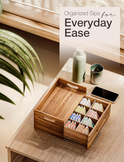 Tinamo Acacia Wooden Tea Box Organizer with Drawer – Tea Chest for Tea Bags Storage – Tea and Coffee Organizer - Wooden Tea Tray and Containers for Countertop Display (Acacia)