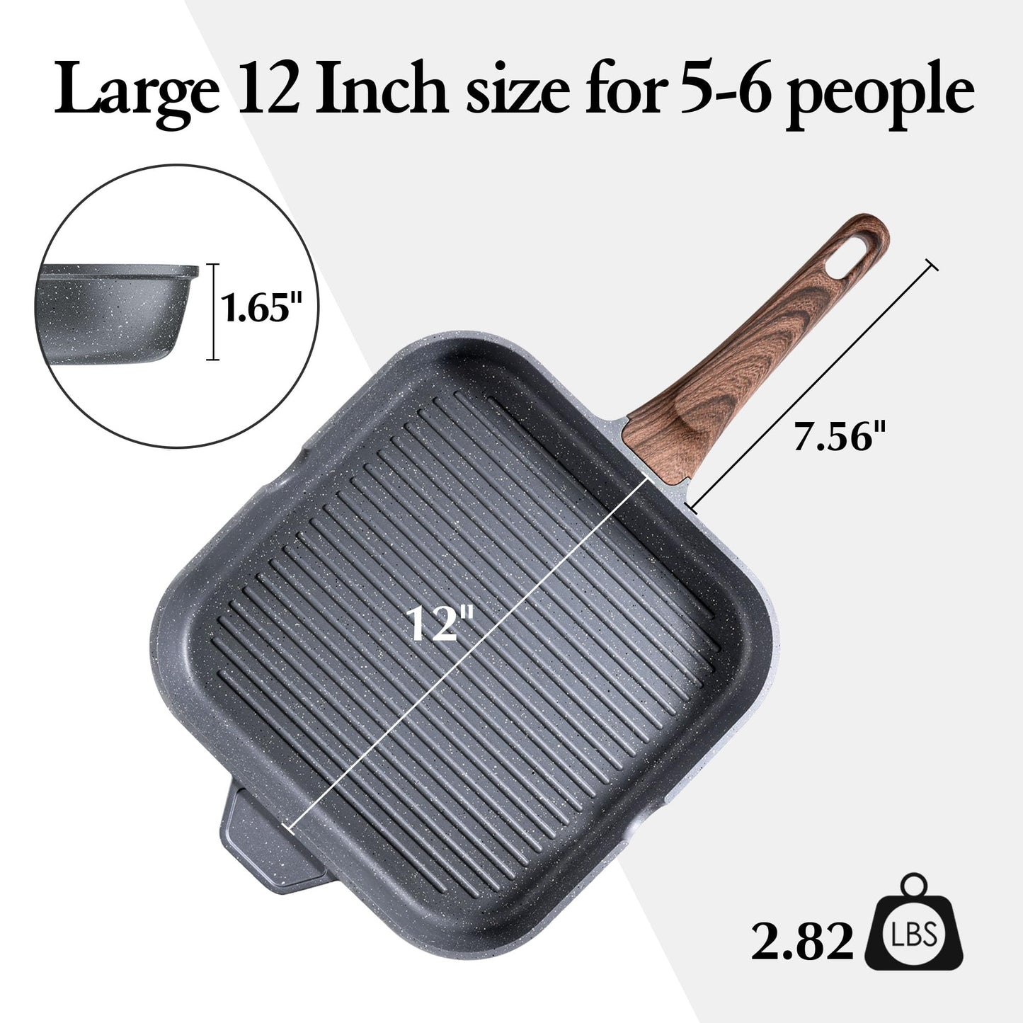 SENSARTE Nonstick Grill Pan for Stove Tops, Versatile Griddle with Pour Spouts, Square Big Cooking Surface, Durable Skillet Indoor & Outdoor Grilling. PFOA Free,12Inch