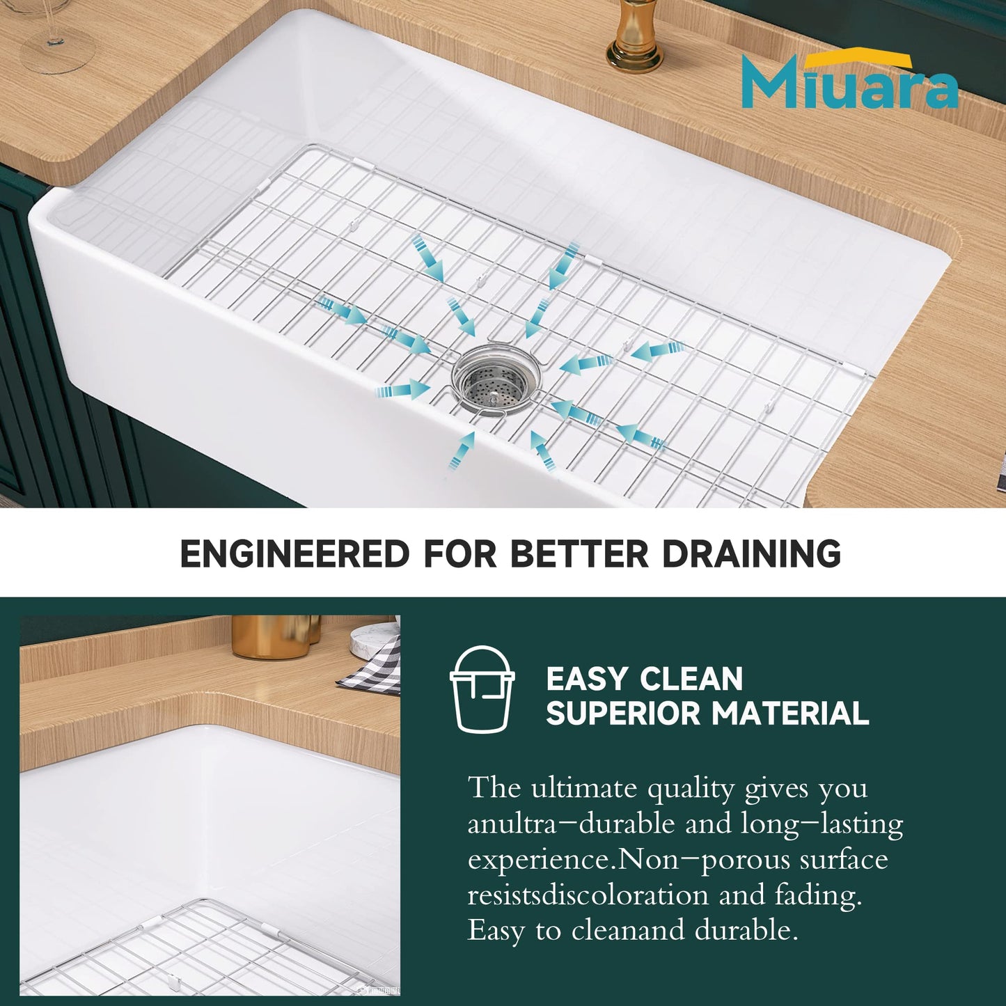 Miuara Farmhouse Sink 36 Inch - Extra Large Apron Front Kitchen Sink Reversible 36"x20"x10", Undermount, Farm House Style Deep Single Bowl, Heavy Duty Solid Fireclay, Glossy White, for Kitchen
