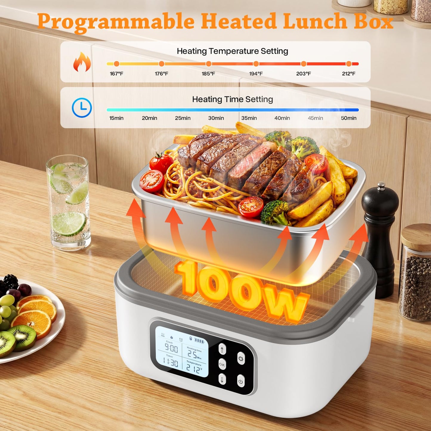 SOUOA Cordless Heated Electric Lunch Box for Adults with Automatic Heating, 100W Portable Food Warmer Battery Powered with Scheduled Heating, 6.3 Cup Food Heater for Men/Work/Office/Car/Truck (White)