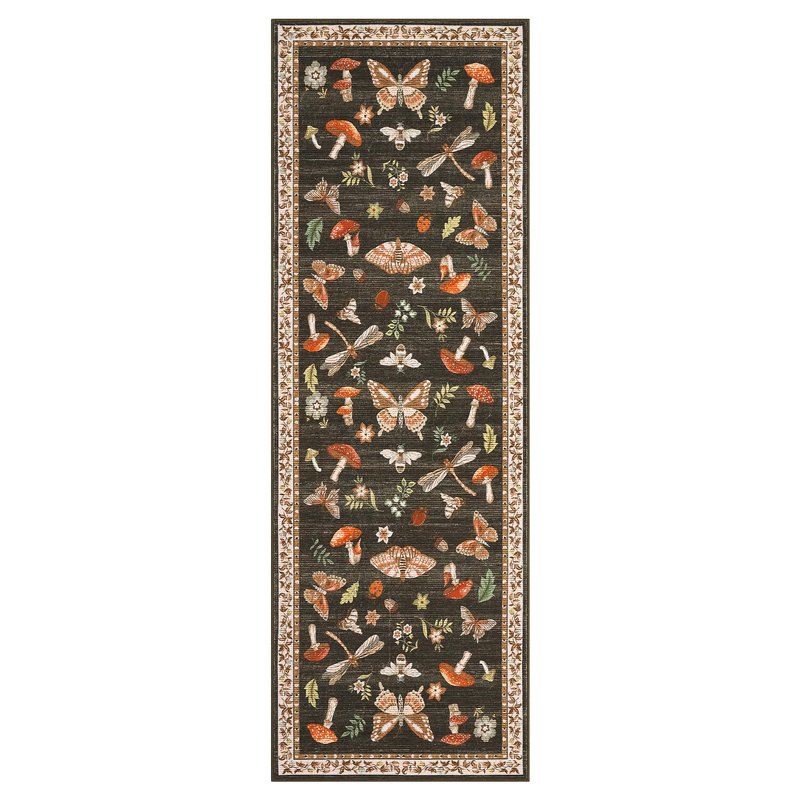 ROYHOME Mushroom Insect Washable Rug 2x6 Runners for Hallways, Boho Kitchen Runner Rugs Non Slip Bath Runner, Modern Bedroom, Soft Long Entryway Bathroom Laundry Dorm, Brown