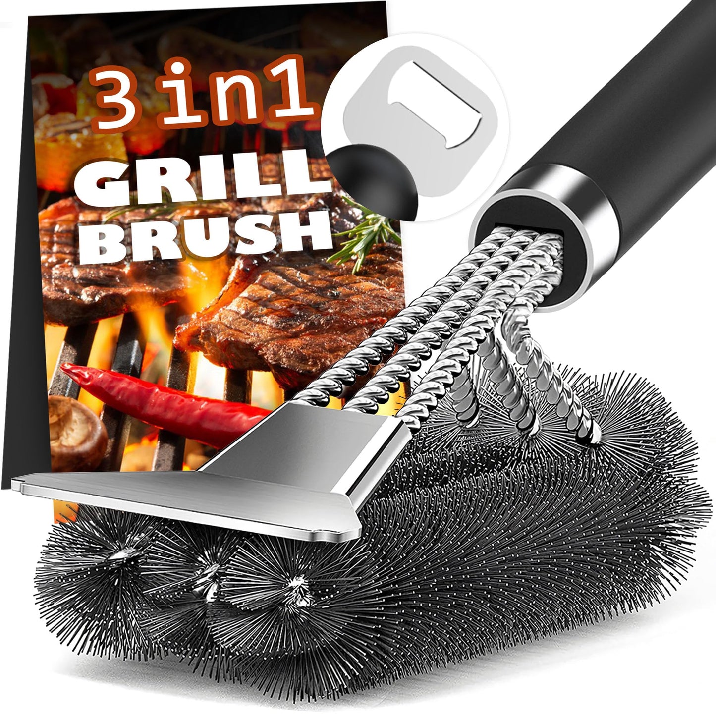 Grill Brush and Scraper-18 Adjustable Handle Safe BBQ Grill Brush for Outdoor Grill-Deep BBQ Clearning Brush wih Bottle Operner Extra Strong Grill Cleaner Accessories for Gas/Charcoal Grilling Grates
