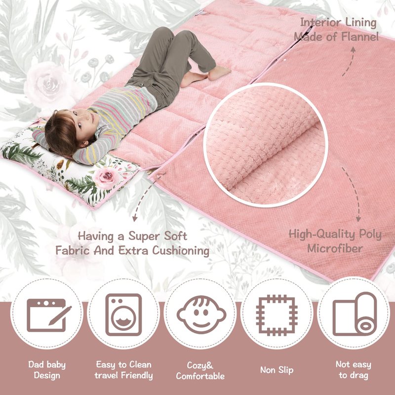 Nap Mats for Preschool,Toddler Nap Mat with Removable Blanket and Pillow, Extra Large Rolled Napping Mats,Toddler Sleeping Bag,Kids Sleeping Bag for Daycare,Nap Mats for Daycare (Flower)