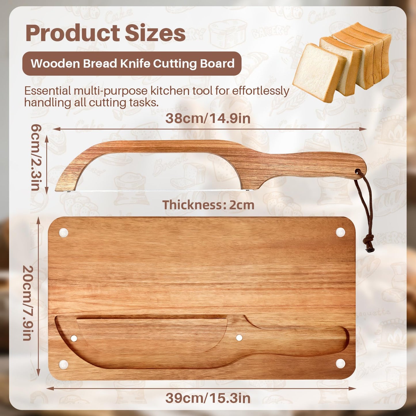 Yonent Wooden Bread Cutting Board with Bow Bread Slicer Set, Includes 2 Stainless Steel Blades and Removable Knife for Slicing Homemade Sourdough, Baguettes and Artisan Bread