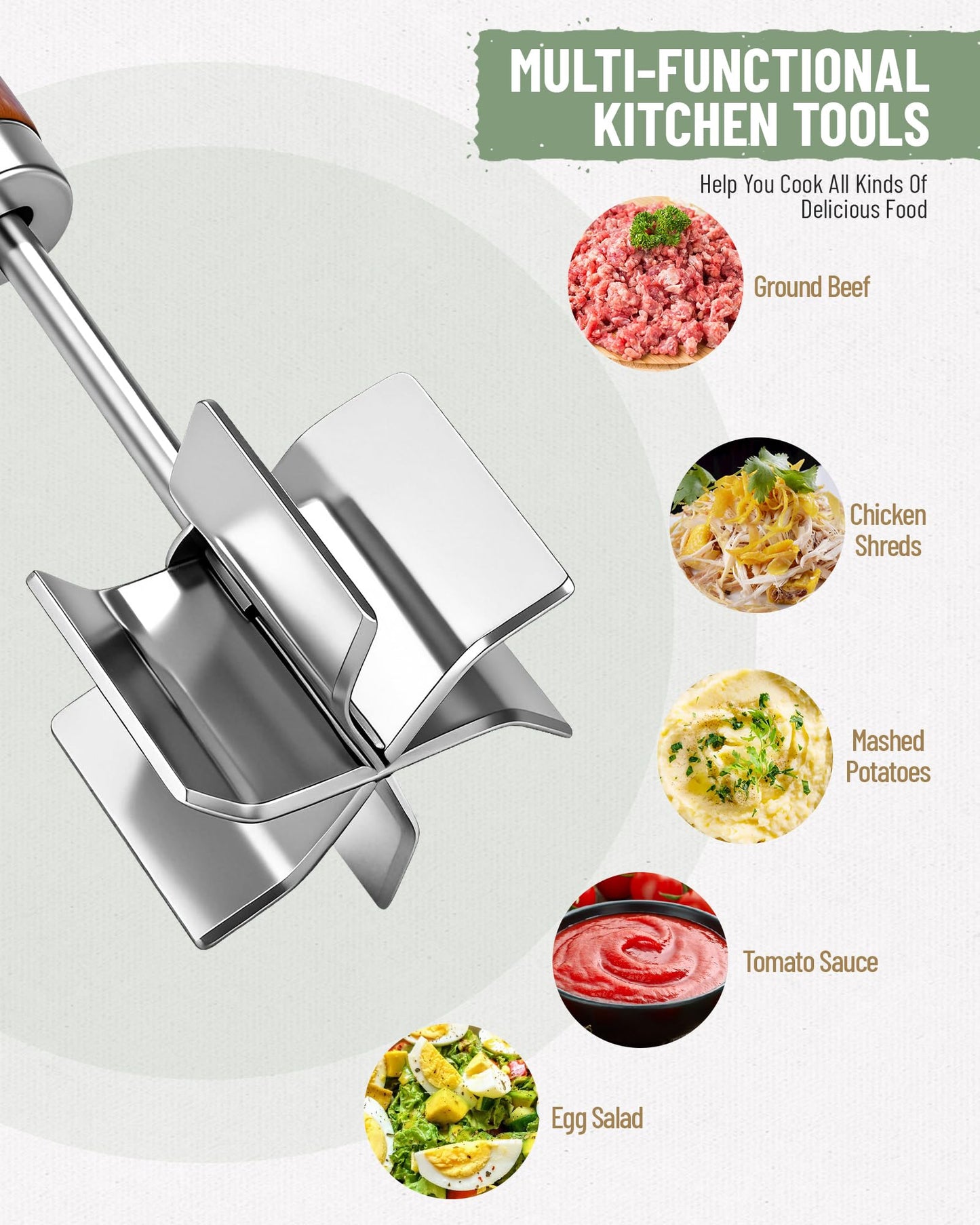 Meat Chopper Stainless Steel Masher: Hamburger Smasher Tool with Heat Resistant 6 Curve Blades - Burger Shredderfor Ground Beef Grinder & Potato Mix Kitchen Gadgets