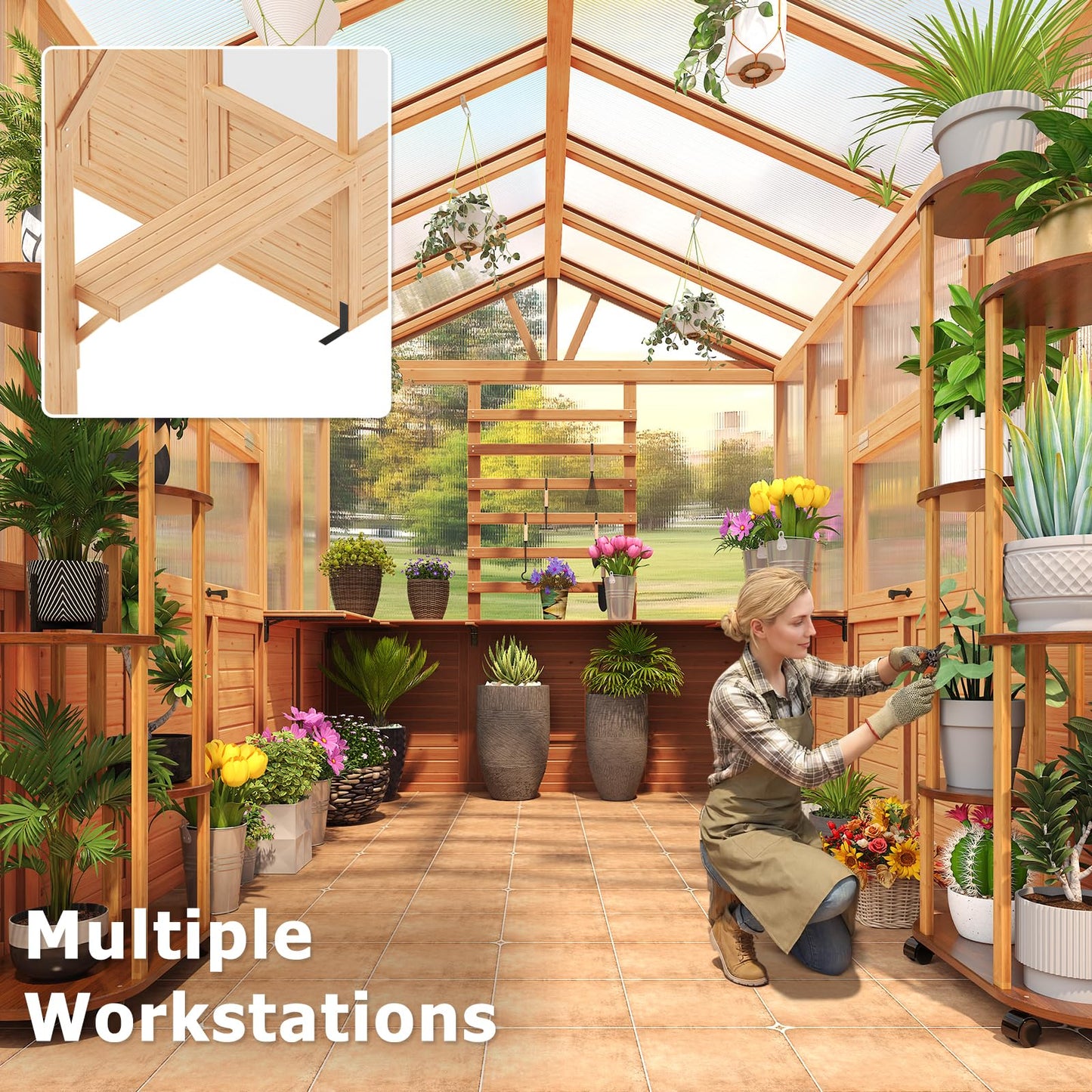 EROMMY 7x16 FT Spruce Wood Greenhouse with Pergola, Large Walk-in Polycarbonate Greenhouse Kit with Top-Hung Windows, Built-in Workstation and Staging Shelves for Backyard Garden