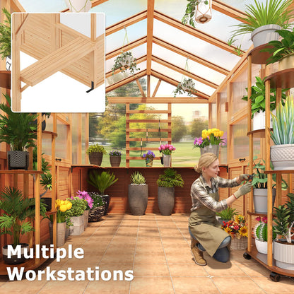 EROMMY 7x16 FT Spruce Wood Greenhouse with Pergola, Large Walk-in Polycarbonate Greenhouse Kit with Top-Hung Windows, Built-in Workstation and Staging Shelves for Backyard Garden