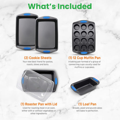 NutriChef 6-Piece Baking Pan Set - Nonstick Carbon Steel Bakeware with Blue Silicone Handles | Gray