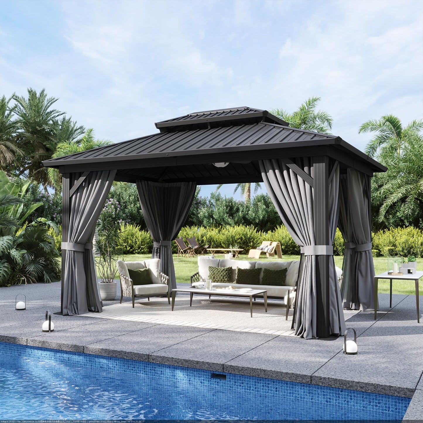 Aoxun 10'x14' Hardtop Gazebo, Aluminum Frame Canopy with Double Galvanized Steel Roof, Outdoor Metal Pavilion with Netting, Curtains for Backyard, Patio and Deck