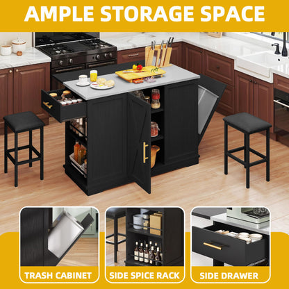 DWVO Kitchen Island with Seating and Stainless Steel Countertop, 47'' Rolling Garbage and Recycling Island with Folding Drop Leaf, Tilt-Out Trash Cabinet for 13-Gallon Bin, 2-Tire Spice Rack, Black