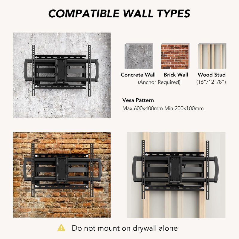 Full Motion TV Wall Mount Bracket for Most 32-85 inch TVs,TV Mount with Dual Articulating Arms,Tilt/Swivel/Extension/Leveling,Fits 8” 12” 16" Studs,Max VESA 600x400mm, Holds up to 132lbs