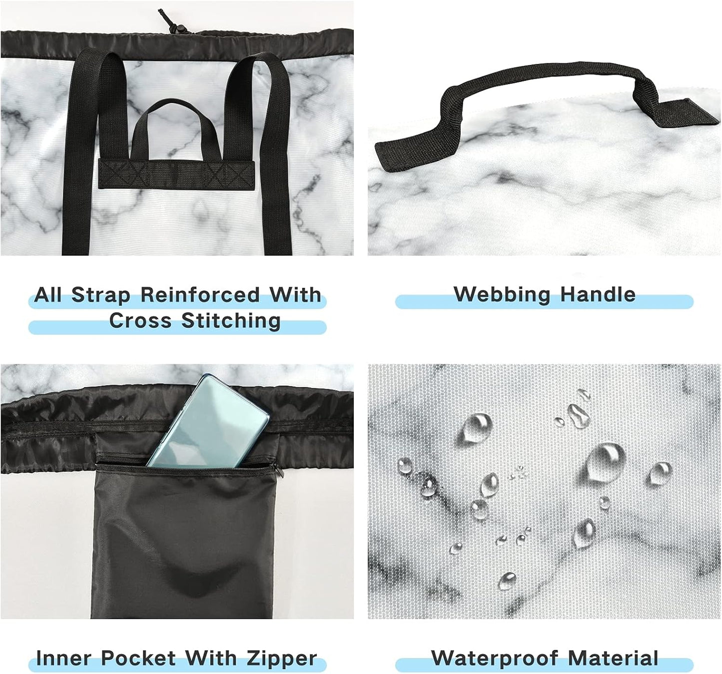 White Marble Laundry Bag, Large Heavy Duty Backpack for College Students, Washable with Shoulder Straps