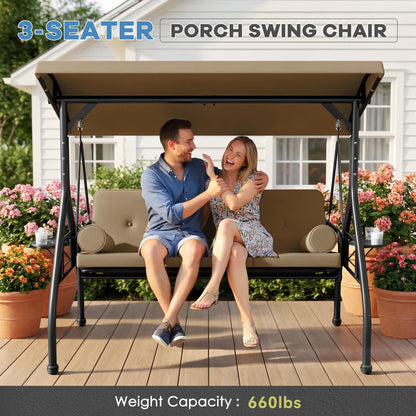 Patiomore 3 Seat Outdoor Porch Swing Chair, Adjustable Canopy Swing Bench, Convertible Backrest Swing Bed with Thicken Cushions, Pillow & Cup Hold (Beige)