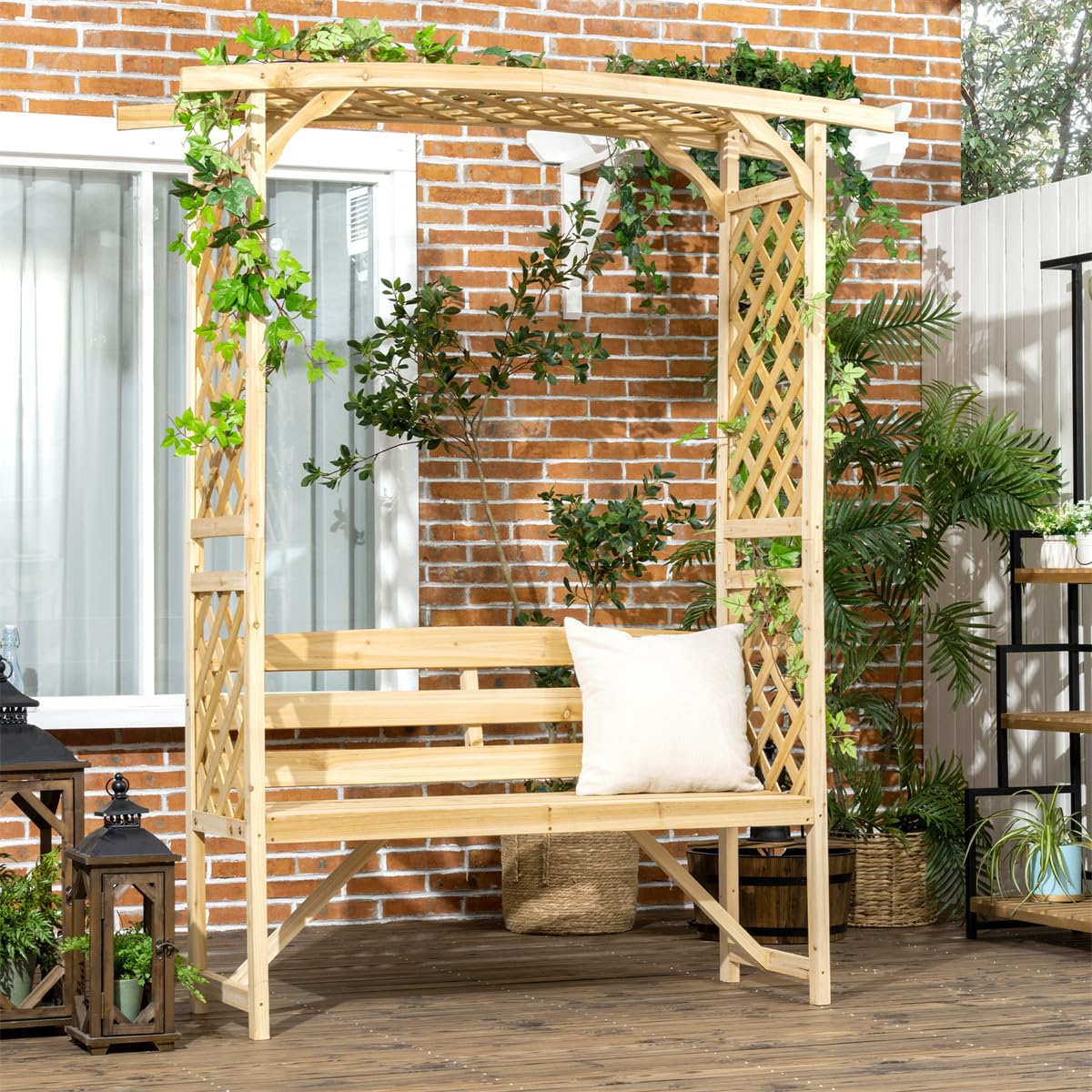 NAAMOTOMOX Patio Garden Arbor with Bench, Wooden Outdoor Bench w/Pergola, Side Trellis for Vines & Climbing Plants, 2-Person Outdoor Wood Seating for Patio, Backyard, Parks