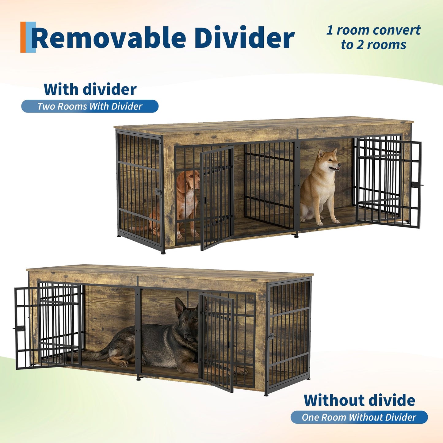GarveeLife 78.7" Heavy Duty Dog Crate Furniture, Dog Cage Furniture with Divider,Wooden Kennel Indoor TV Stand End Table for Large/Medium Dogs, Rustic Brown
