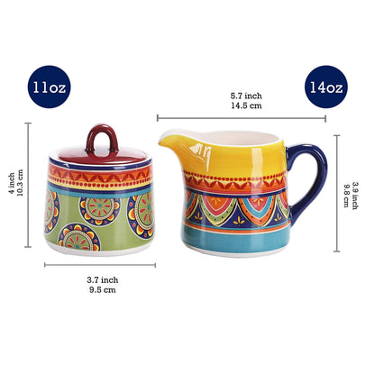 Bico Tunisian Ceramic Sugar and Creamer Set, Sugar Bowl with Lid, Cute Container for Coffee Bar, Kitchen Countertop Accessories, Microwave and Dishwasher Safe