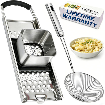 Spaetzle Maker, METLUCK Stainless Steel Spaetzle Press with Strainer Skimmer, Premium German Spaetzle Maker with Comfort Handle, Traditional Egg Noodle Dumpling Maker Tool for Home Cooking