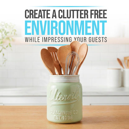 Comfify Wide Mouth Mason Jar Utensil Holder Decorative Kitchenware Organizer Crock, Dishwasher Safe - Kitchen Caddy Green, Large Size 7" Hight
