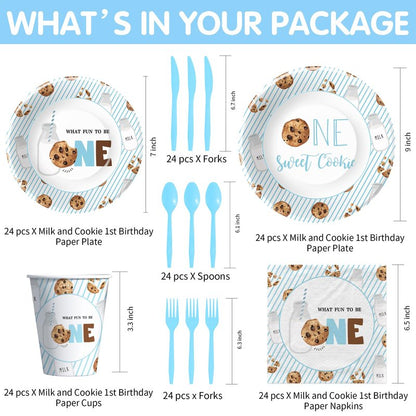 HIPVVILD Milk and Cookies 1st Birthday Decorations Tableware - One Sweet Cookie Birthday Party Supplies, Milk Theme Paper Plates and Napkins Set, Disposable Cutlery | Serves 24