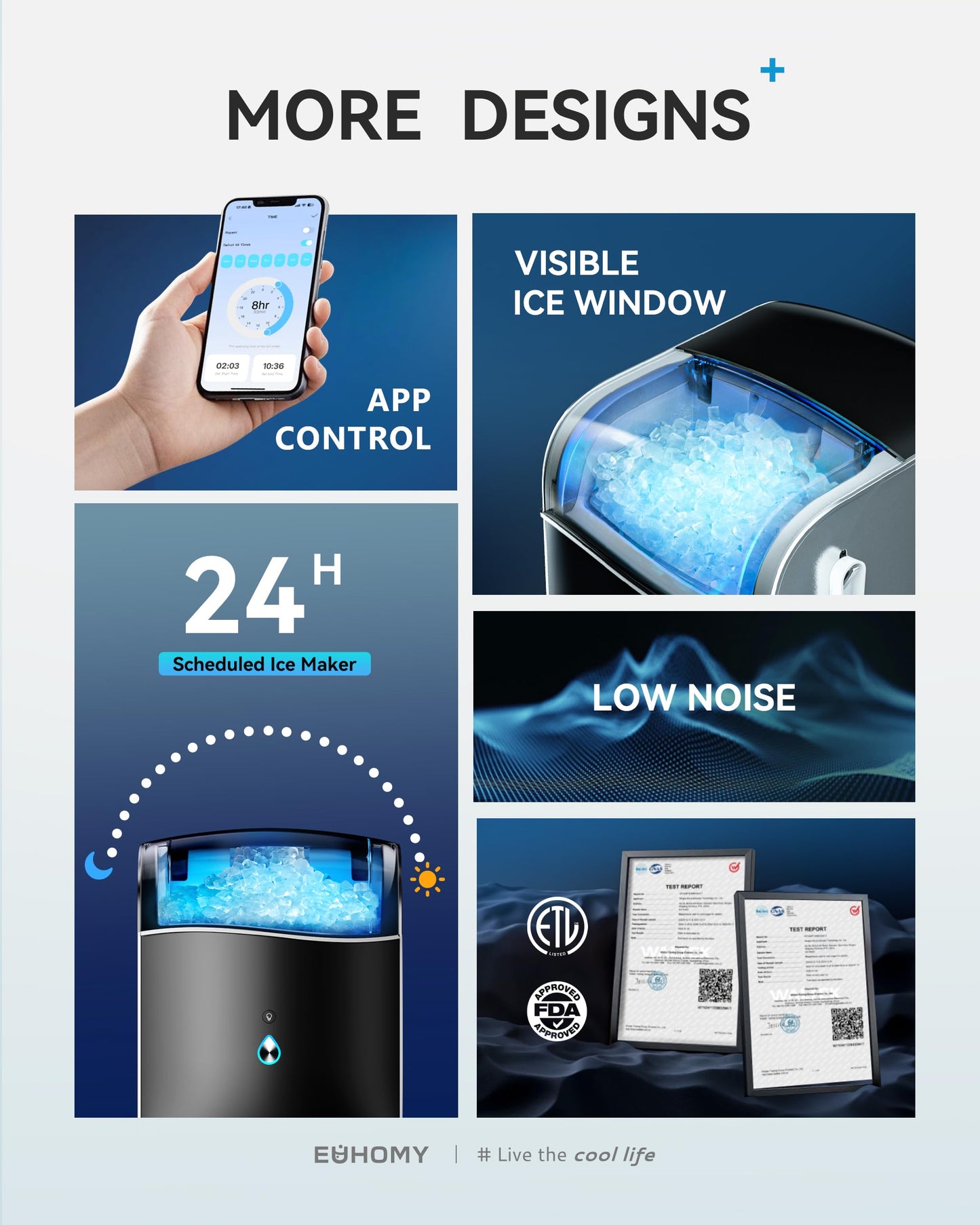 EUHOMY Smart Nugget Ice Maker Countertop, Pebble Ice Maker Machine with APP Control, 40lbs/24H, Ready in 7 Mins, Self-Cleaning, Portable Sonic Ice Makers with Hanging Ice Scoop for Home/Kitchen/Office