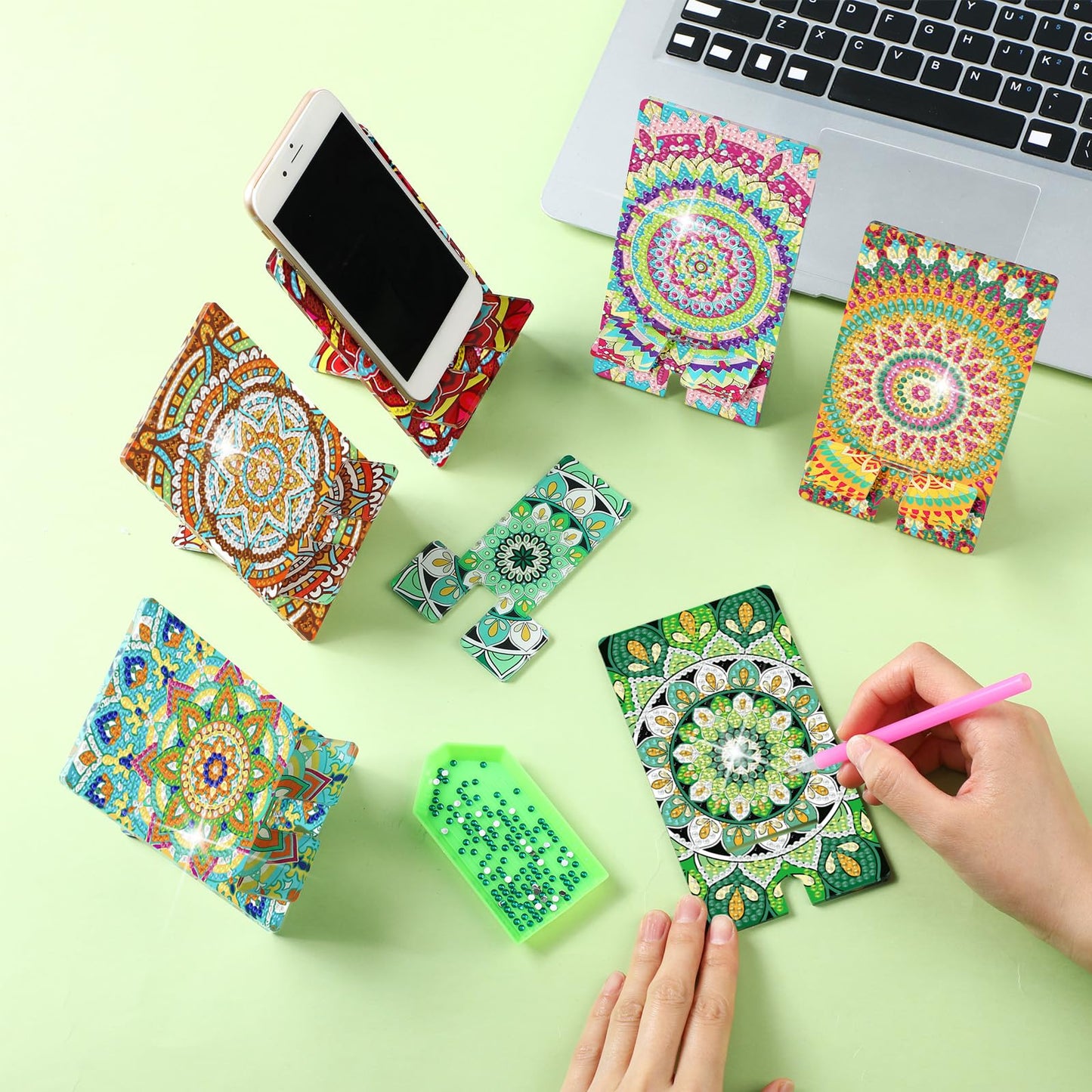 Saillong 6 Pcs Sage Green Mandala Diamond Painting Cell Phone Stand DIY Full Drill Crystal Diamond Art Phone Holder Bling Painting Art Craft Kits for Beginner Adult