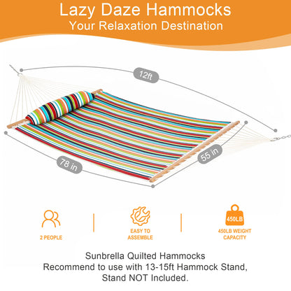 Lazy Daze Hammocks 12 FT Sunbrella Fabric Quilted Hammock Double Sunbrella Quilted Hammock with Spreader Bars & Pillow, All Weather and Fade Resistant for Outdoor, 450 lbs Capacity, Carousel Confetti