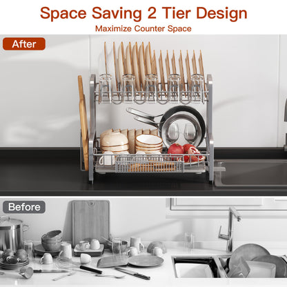 2 Tier Dish Drainer Drying Rack for Kitchen Counter, Large Stainless Steel Dishes Dryer with Drainboard, Space Saving, Big Rustproof Metal Modern Countertop Plates Strainer with Utensil Holder, Sliver