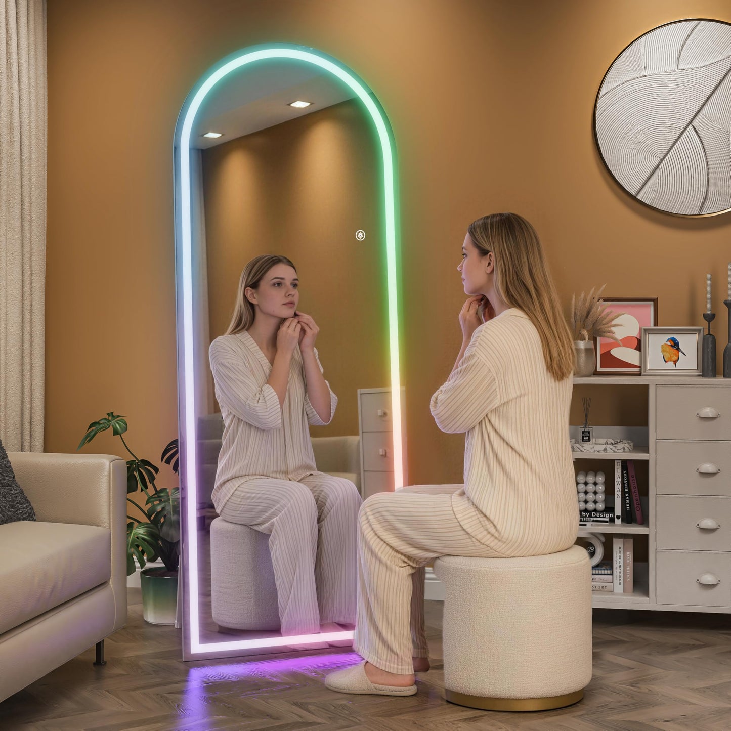 Hasipu Arch Full Length Mirror 83 x 36 in with Stand — Arch LED RGB Full Body Mirror, 7 Lighting Modes, Dimmable, Built‑in Bluetooth Speaker, White Frame for Bedroom Dressing Room
