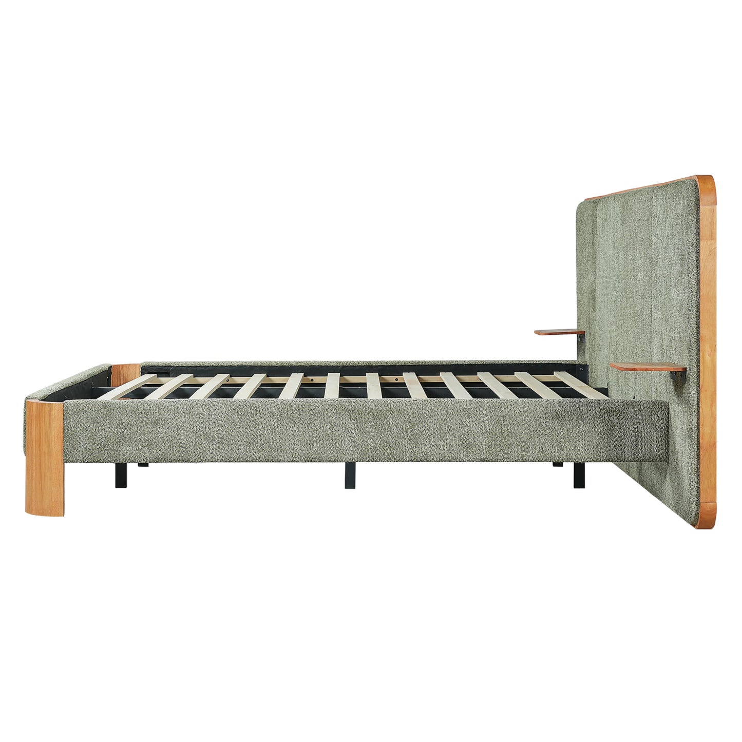 Christopher Knight Home Lana Boucle Upholstered King Bed Frame and Headboard, King Size Bed Frame with Built-in Floating Shelves, Metal + Wooden Slats Support, No Box Spring Needed, Green + Natural