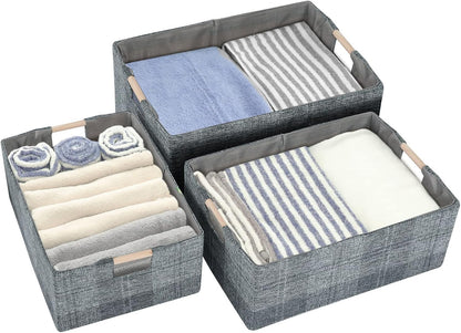Fabric Storage Bin Box, Collapsible Cotton Linen Cube with Wooden Handles - Decorative Organizer for Clothes and